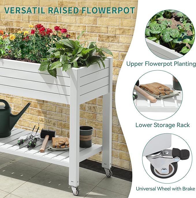 YITAHOME 3.6x1.5x2.8 FT Elevated Garden Bed Kit with Legs and Wheels, Outdoor Large Resin Planter Box Stand with Drain Plug and Storage Shelf for Plants Vegetables Fruits, Grayish-White