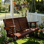 Wooden Porch Swing 2-Seater, High Backrest and Deep Seat, Bench Swing with Cupholders, Hanging Chains and 7mm Springs, Heavy Duty 880 LBS, for Outdoor Patio Garden (Deep Brown, 4.5 feet Extra-Large)