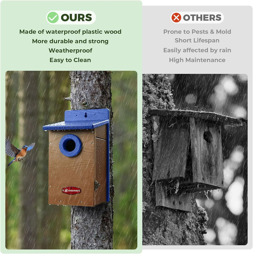 Kingyard Bluebird House, Outdoor Bird House with Predator Guard | Recycled poly lumber nesting box with a 1.5-inch entrance hole, clear viewing panel, bottom ventilation holes