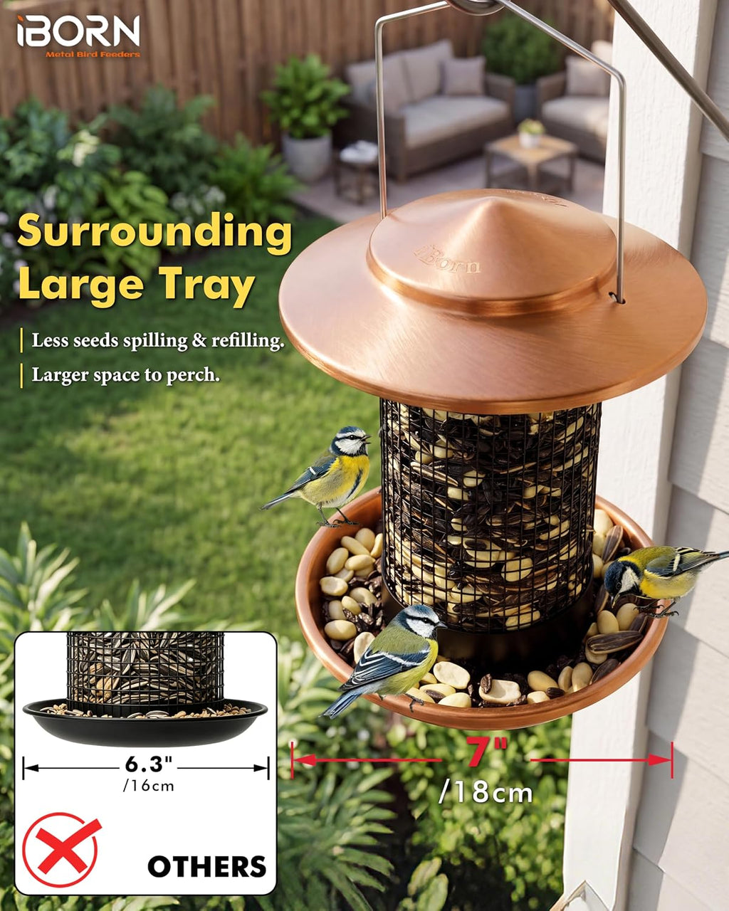 Metal Peanut Bird Feeder for Outdoors, Chew Resistant, 2.2lbs, 1Pk, Copper | Hanging, All-Metal, Detachable & Locking Base, Durable, Mesh Design, Easy to Clean, Spill-Proof