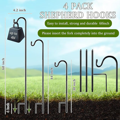 4 Pcs 60 Inch Shepherds Hook for Outdoor Adjustable Bird Feeder Pole Metal Steel Shepard Hooks for Hummingbird Stand Feeder Pole for Garden Plant, Lantern, Hanging Wedding Decor