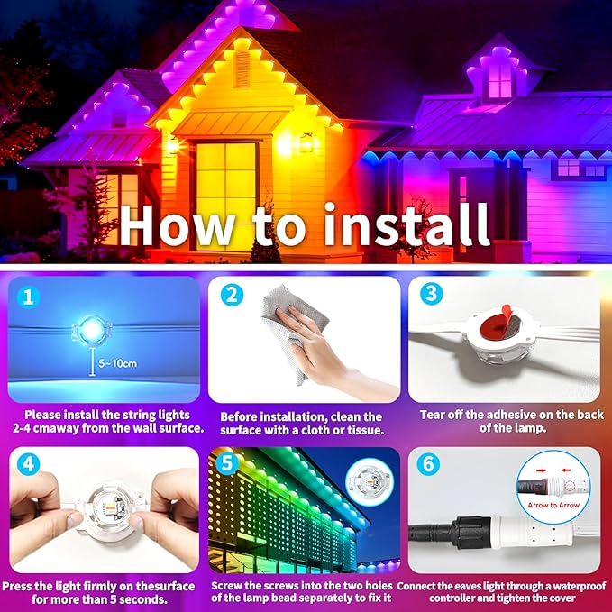 60ft Permanent Outdoor Light, RGB Outdoor eave Lights with APP & Remote Control,Music synchronisation IP67 Waterproof LED eave Light,Suitable for Party, Daily,Halloween,Christmas,Rooftop,Garden,Patio