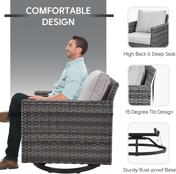 Belord Patio Furniture Set with Fire Pit Table: 9 Pieces Wicker Oversize Patio Conversation Set with Outdoor Swivel Glider Rocker Rattan Couch Ottomans, Anti-Rust Frame, Removable Cushion Beige
