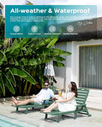 Outdoor Lounge Chair Set of 4, All Weather Patio Chaise Lounge Chair for Outside, HDPE Chair with Rolling Wheels & Cup Holder, 5 Position, Deck, Pool, Green