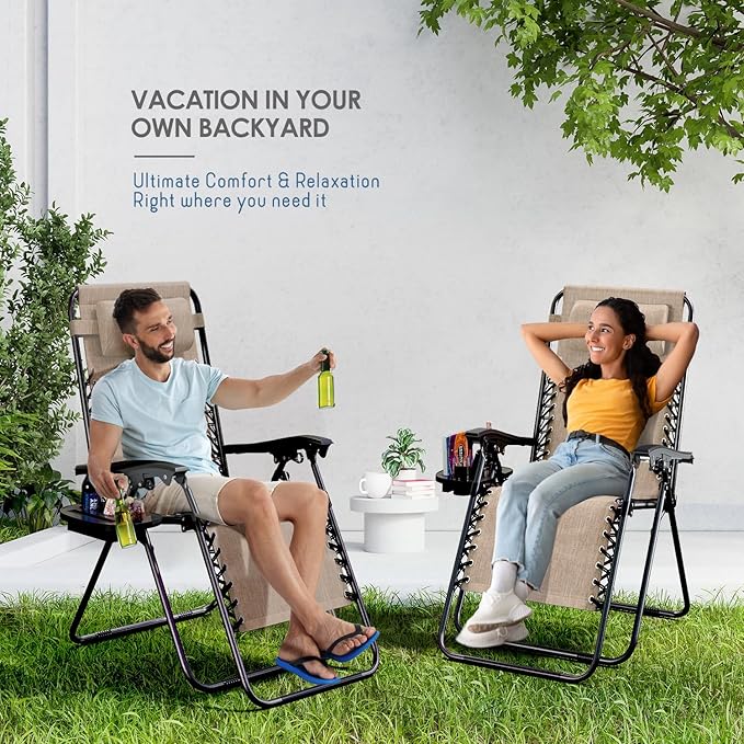 Nestl Zero Gravity Chairs Set of 2, Patio Lounge Chair Outdoor with Pillows & Cup Holder Trays, Adjustable Steel Mesh Reclining Camping Chair, Folding Patio Lawn Chair for Deck, Beach, Yard - Beige