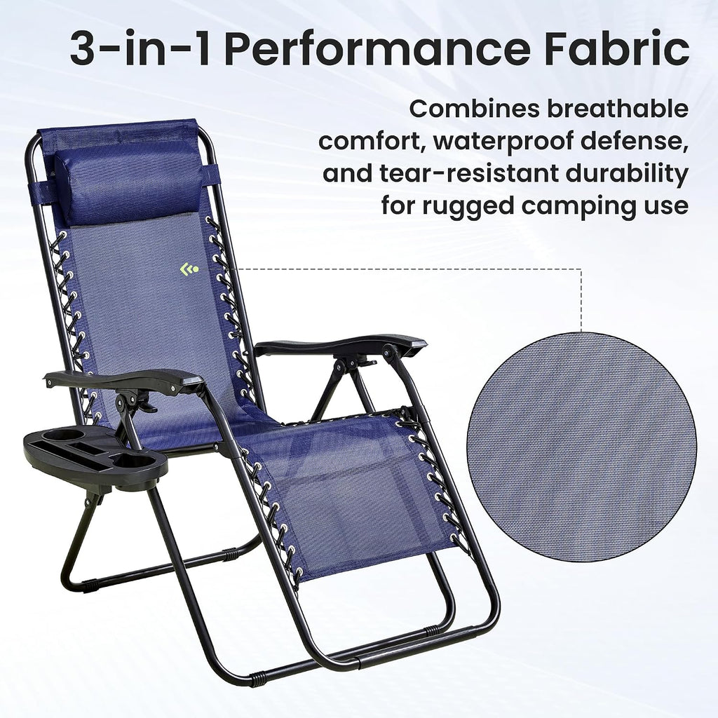 2-Pack Zero Gravity Lounge Chair Recliners - Adjustable Steel Frame with Removable Headrests & Cup/Phone/Tablet Trays - 330LBS Capacity - Navy Blue