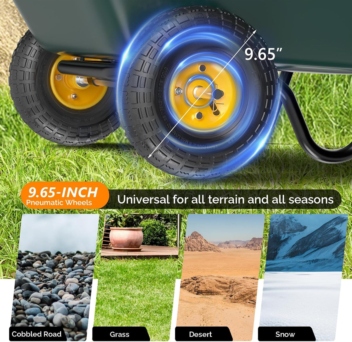 vingli 2 wheel wheelbarrow, plastic and steel wheel showing dimensions