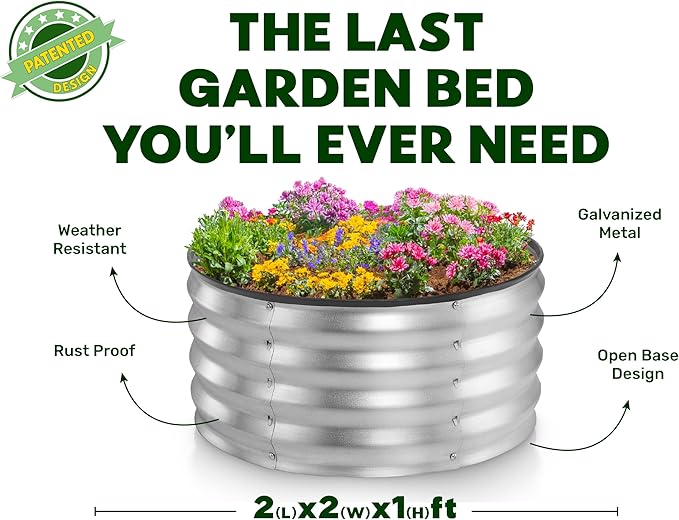 Round Galvanized Raised Garden Bed // 2×2×1 ft Galvanized Raised Garden Beds Outdoor for Gardening, Vegetables, Flowers // Patented Tool-Free Design Round Planter (Silver)