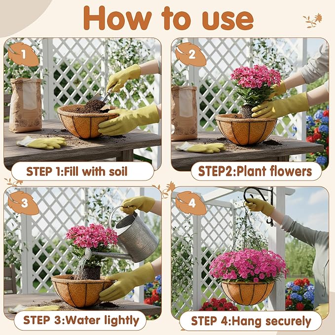 14 inch Metal Hanging Baskets For Plants Outdoor 4 Pack Round Metal Wire Hanging Basket Planter with Coco Fiber Liners Chain Round Wire Plant Holder for Garden, Patio, Deck, Porch Plants Flower Potss