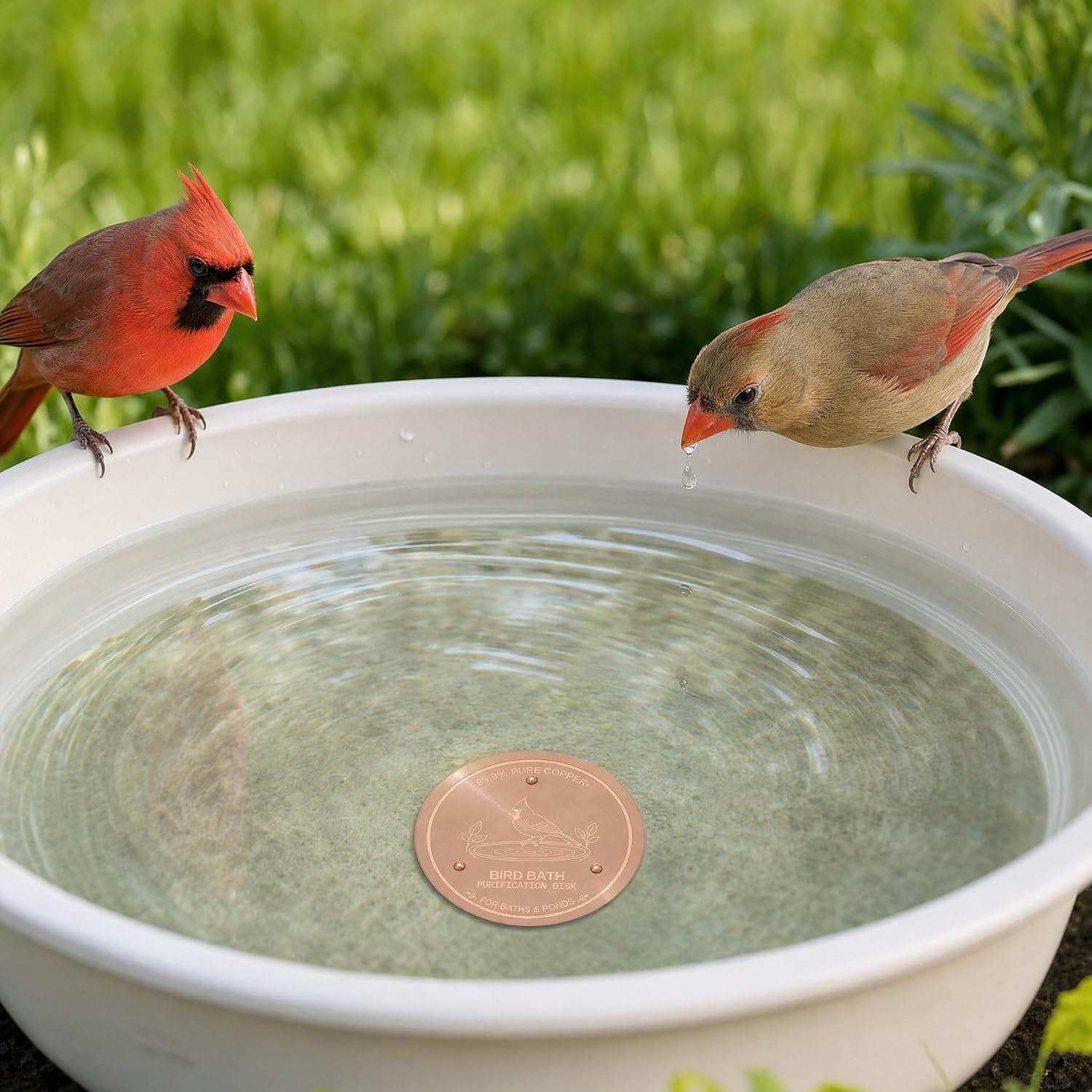 Copper Disc for Bird Bath, 99.9% Pure Copper (Cardinal) | Triple Point Support, Fits Bird Baths & Bowls, Reduces Mineral Buildup, Gift for Bird Lovers, Outdoor Garden Use