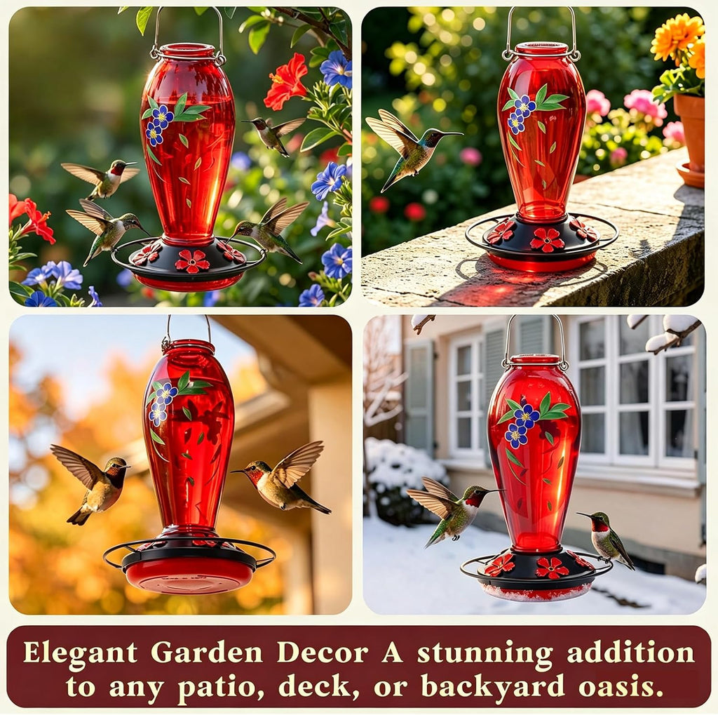 24 OZ Hummingbird Feeder for Outdoors Hanging, | Heavy-Duty Thick Glass With Floral Decals, Leak-Resistant Metal Base, 5 Feeding Ports & Perch