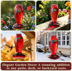 24 OZ Hummingbird Feeder for Outdoors Hanging, | Heavy-Duty Thick Glass With Floral Decals, Leak-Resistant Metal Base, 5 Feeding Ports & Perch