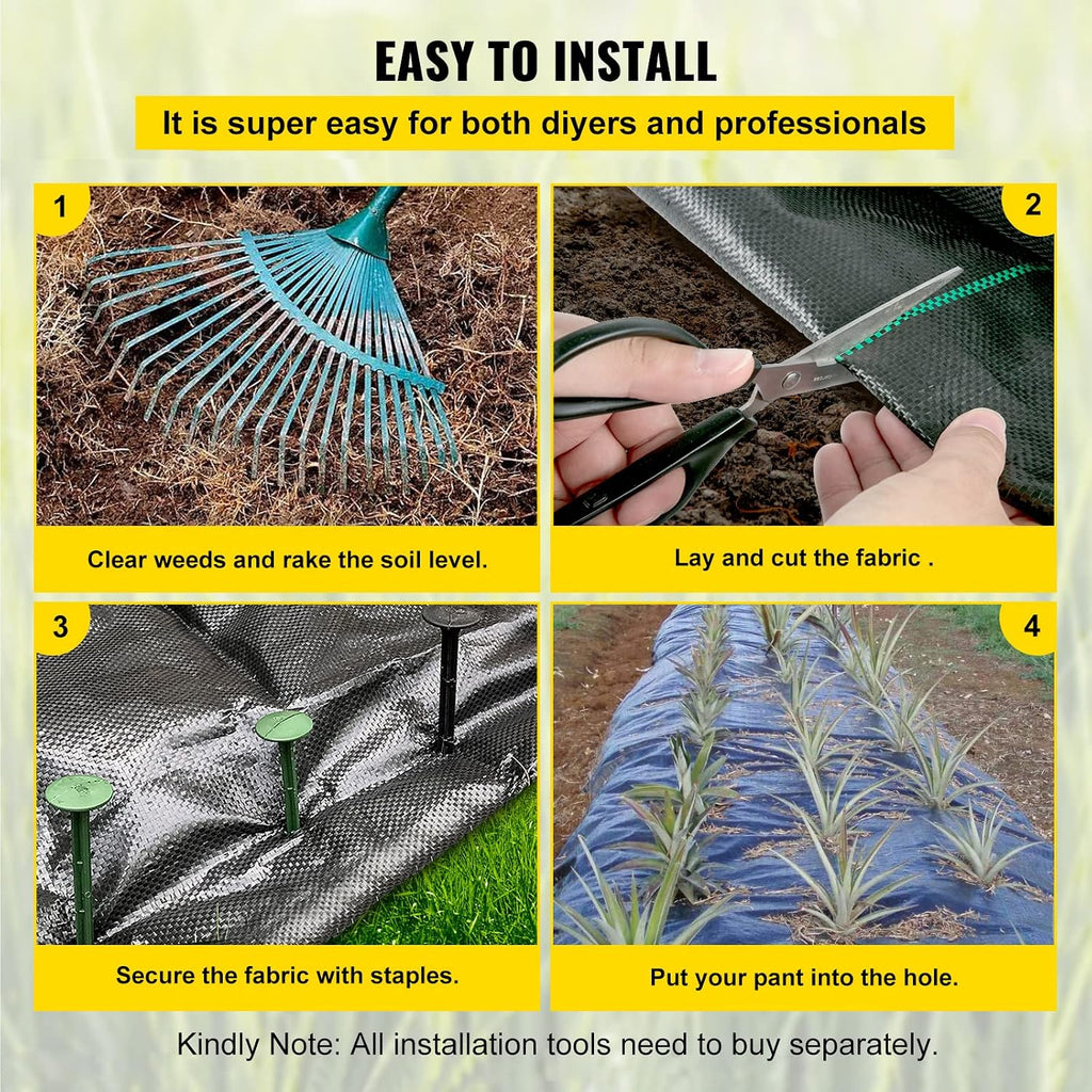 vevor weed barrier landscape fabric, heavy duty 5x250ft showing dimensions