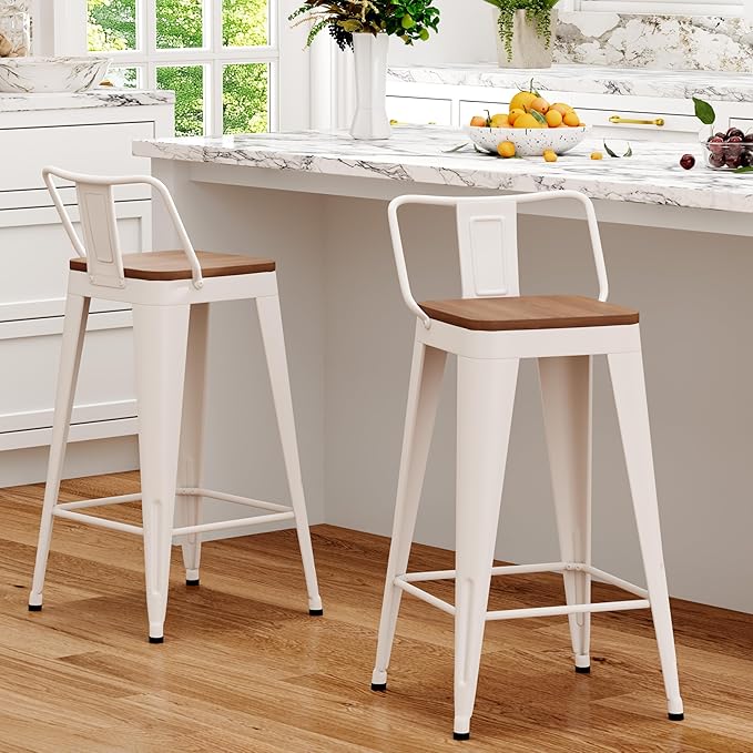 WENTMENT Metal Bar Stools Set of 2 Counter Height Barstools with Removable Back 24" Kitchen Bar Stools with Wooden Seat,Off White