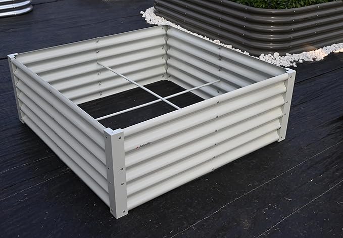 A ANLEOLIFE Set of 8, 18 Inch Tall Antique White Raised Garden Beds Kit, L-Shaped & Square Metal Planters – Ideal for Structured Backyard Layouts