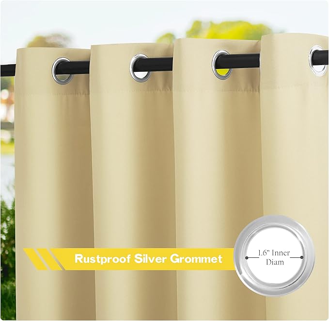 NICETOWN Canvas Patio Curtains Outdoor Waterproof, Rustproof Grommet Durable Thick Privacy Indoor/Outdoor Curtains & Drapes for Porch/Pergola/Cabana, W55 x L95, Light Beige, 2 Panels