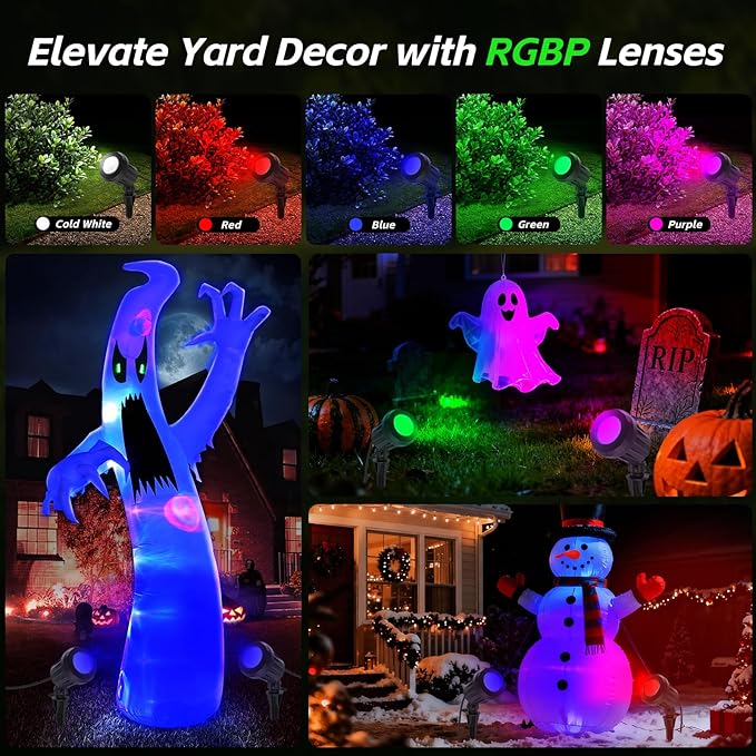 Spotlight Outdoor – 120V Plug-In, 6500K Cool White LED Landscape Lighting with RGB Purple 4 Color Lenses for Yard, Garden, Lawn & Tree Decor on Holidays&Everyday, IP67 Waterproof (4 Pack,Green)