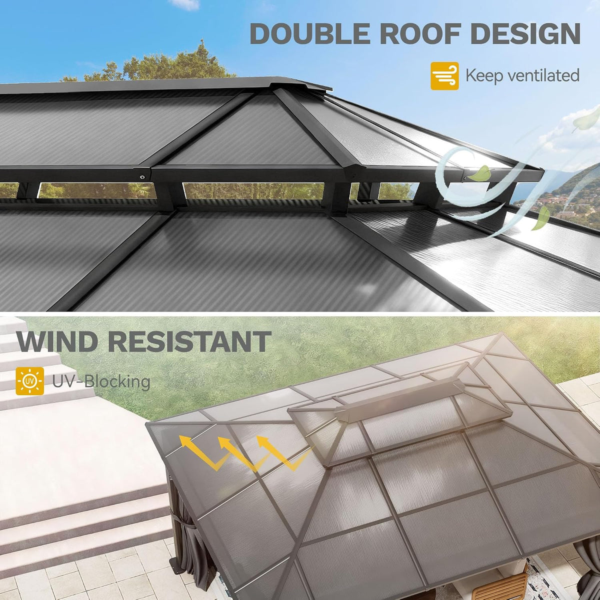 dwvo 10x12ft gazebo hardtop double roof polycarbonate canopy, side view