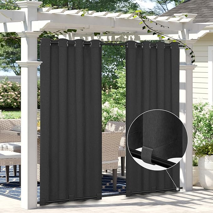 Easy-Going Linen Look Outdoor Curtains Waterproof Windproof Porch Curtains, Soft Thicken Outdoor Privacy Curtains for Patio, Gazebo, Grommet Top and Tab Bottom Drape, 1 Panel, 54x120 inch, Black