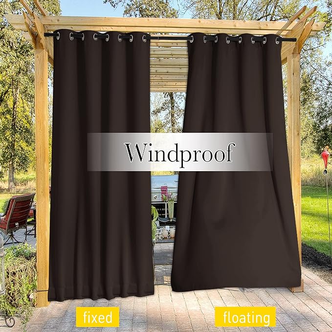 NICETOWN 2 Panels Outdoor Curtains for Patio Waterproof & Windproof, Thermal Insulated Top & Bottom Grommet & Back Tab Sun Blocking Outdoor Drapes with Fixed Rope for Gazebo, Toffee Brown, W66 x L90