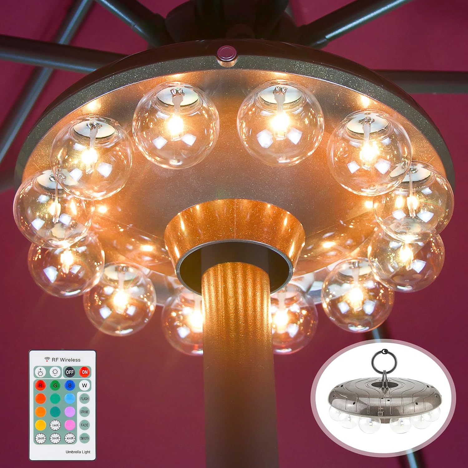 LUXSWAY Umbrella Lights Battery Operated,12 Color Changing Outdoor Patio Umbrella Light for Pole with 80Ft Remote,12 Clear Bulb 48 LEDs,4 Modes,4 Timer Option,Umbrella Hanging Light for Camping,BBQ