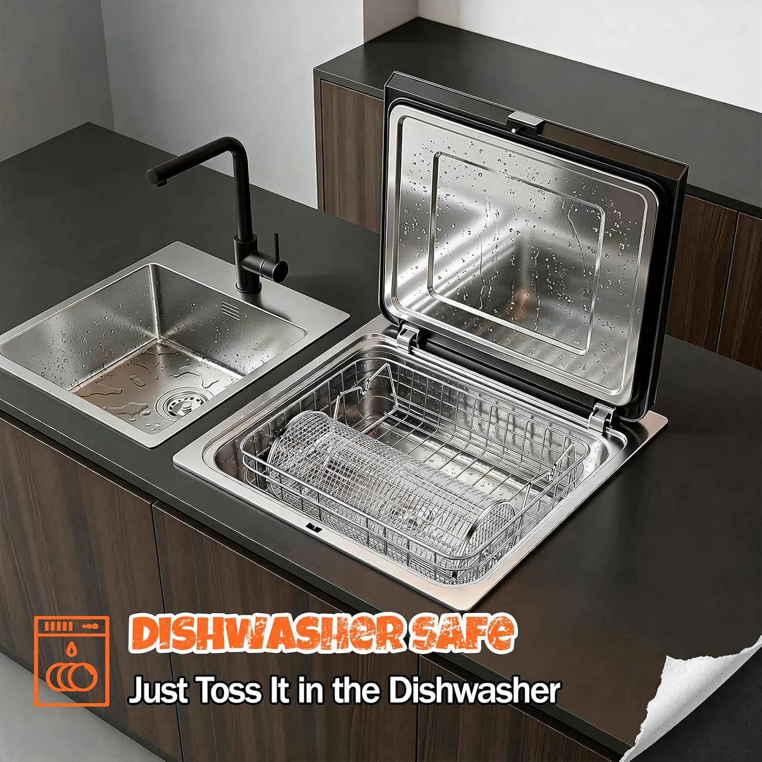 2-in-1 Rolling Grill Basket 304 Stainless Steel Rotatable with Dual Handles | Crank & Straight Grip Handles, Grill Net for Vegetables Shrimp & More, Ideal BBQ Gift for Men, Dad, Husband, Dishwasher Safe