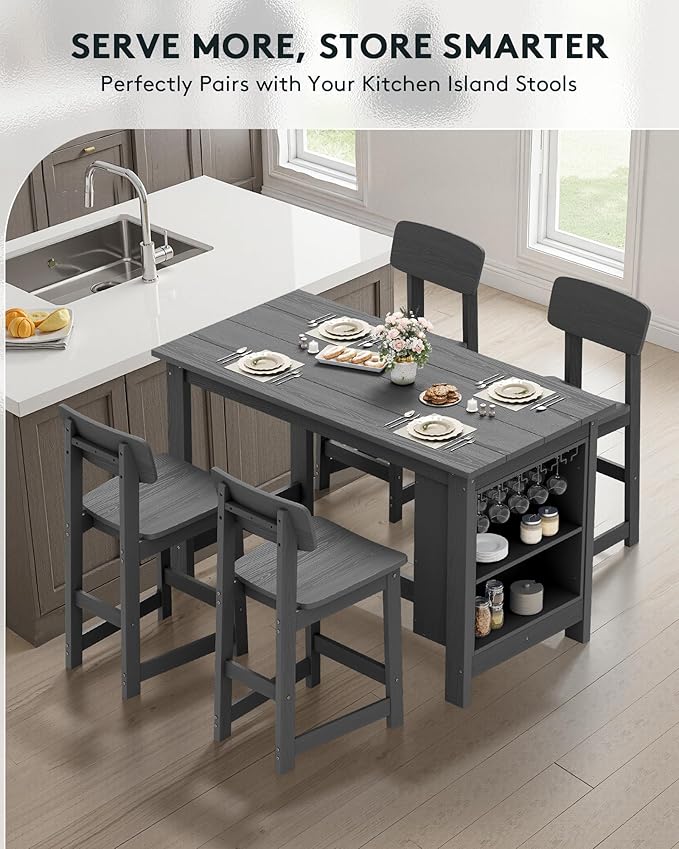 SERWALL Outdoor Bar Table, All Weather HDPE 36" Counter Height Dining Table with Storage and Wine Rack for Patio, Garden, Backyard, Balcony, Poolside, Gray