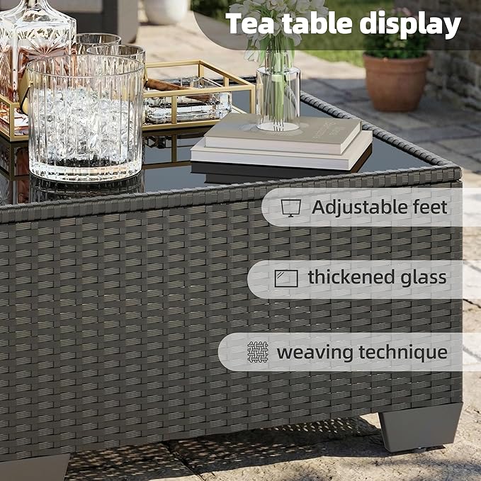 Skyfish 7 Pieces Patio Furniture Sofa - Outdoor Sectional Wicker Rattan Furniture with Cushion and Glass Table Patio Conversation Sets for Porch Poolside Backyard Outdoor Sofa Set Modular Sofa