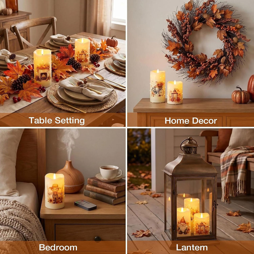 Fall Fiber Optic Flameless Pillar Candles with Remote Set of 3 | Pumpkin Maple Leaf LED Candles Flickering, 3 AA Battery Operated, Harvest Autumn Home Table Shelf Decor