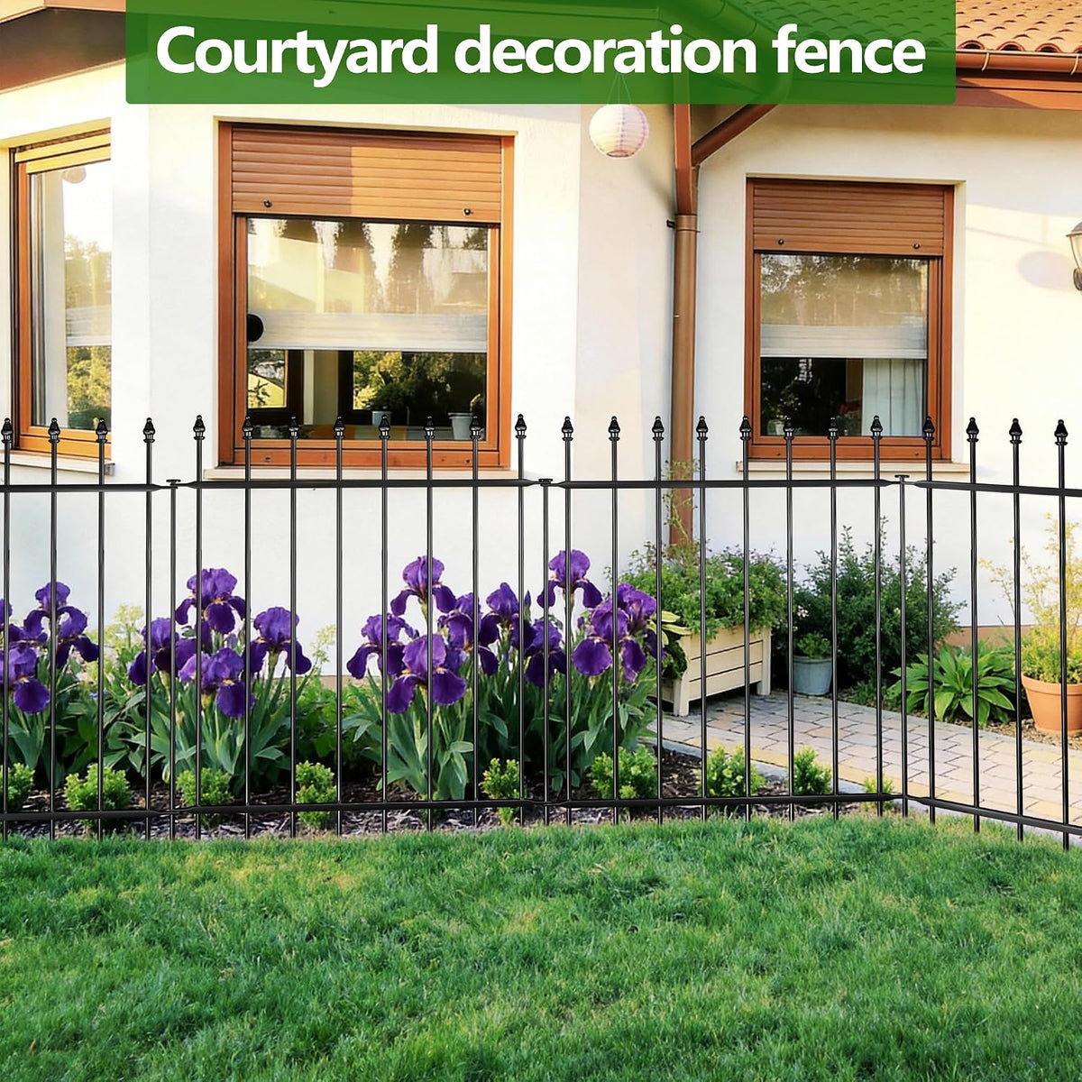 decorative metal garden fence，(10 panels+ 11 posts), total showing dimensions
