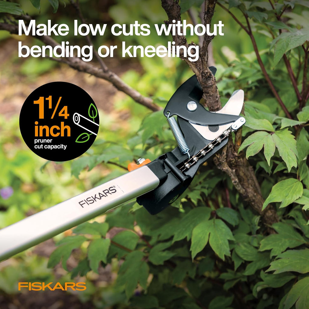 Fiskars 2-in-1 Extendable Tree Pruner and Pole Saw (Extends 7.9 - 12 feet) with Rotating Head, Pruning Stik Model with 15-Inch Double-Grind Saw Blade, and Double Locking System