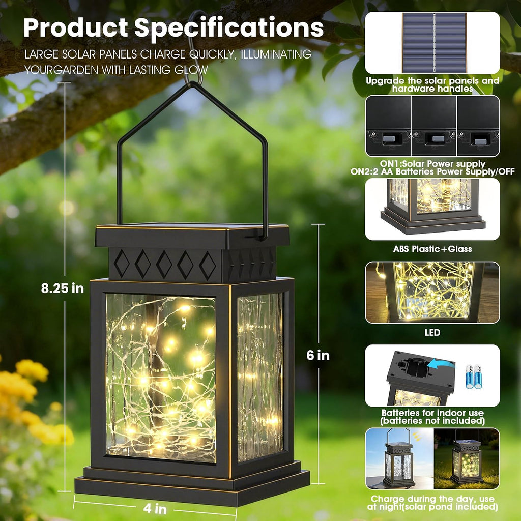 2 Pack Farmhouse Solar Lanterns , Water Ripple Glass & Copper Wire Flickering Light,Outdoor Waterproof Upgraded Solar and 2 AA Batteries Powered, for Outside Porch, Patio and Indoor Tables.