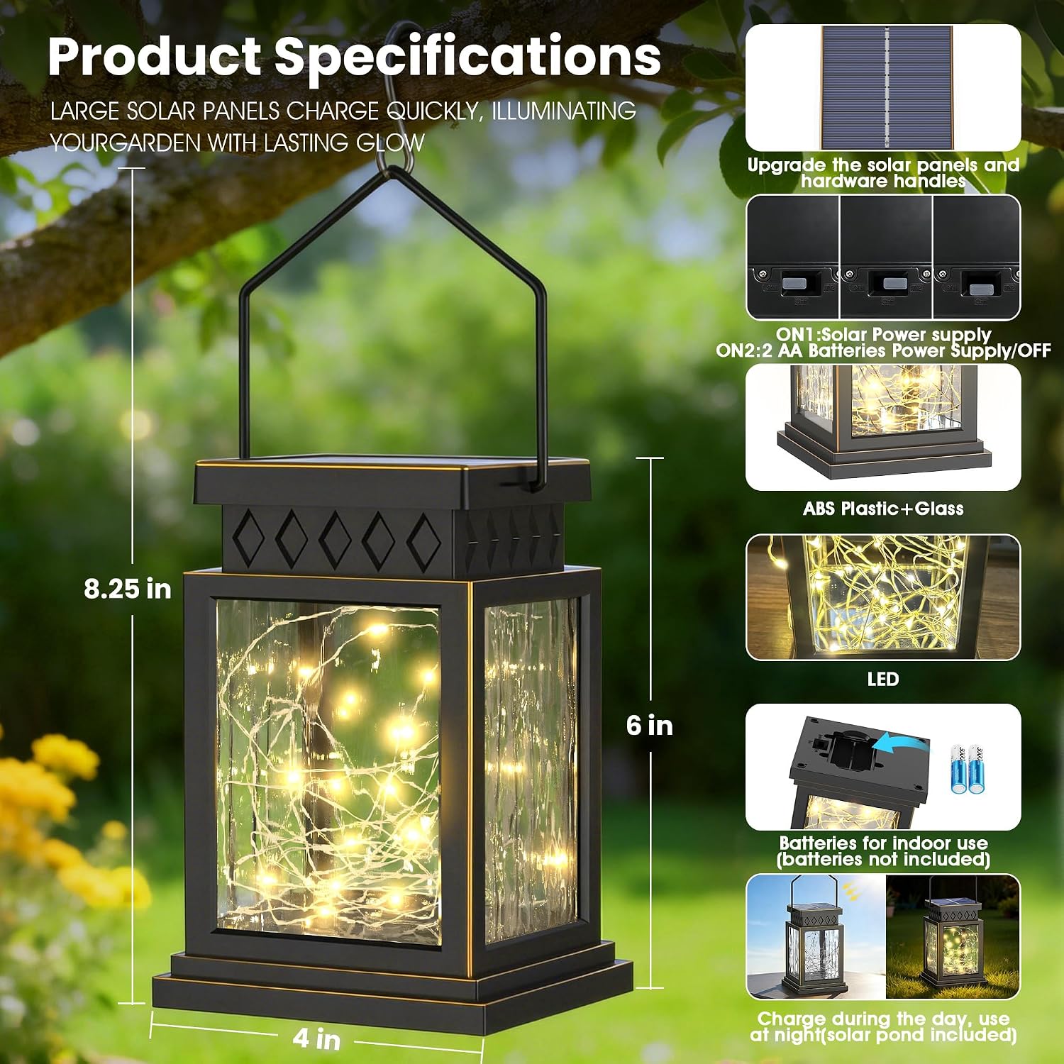 2 Pack Farmhouse Solar Lanterns , Water Ripple Glass & Copper Wire Flickering Light,Outdoor Waterproof Upgraded Solar and 2 AA Batteries Powered, for Outside Porch, Patio and Indoor Tables.