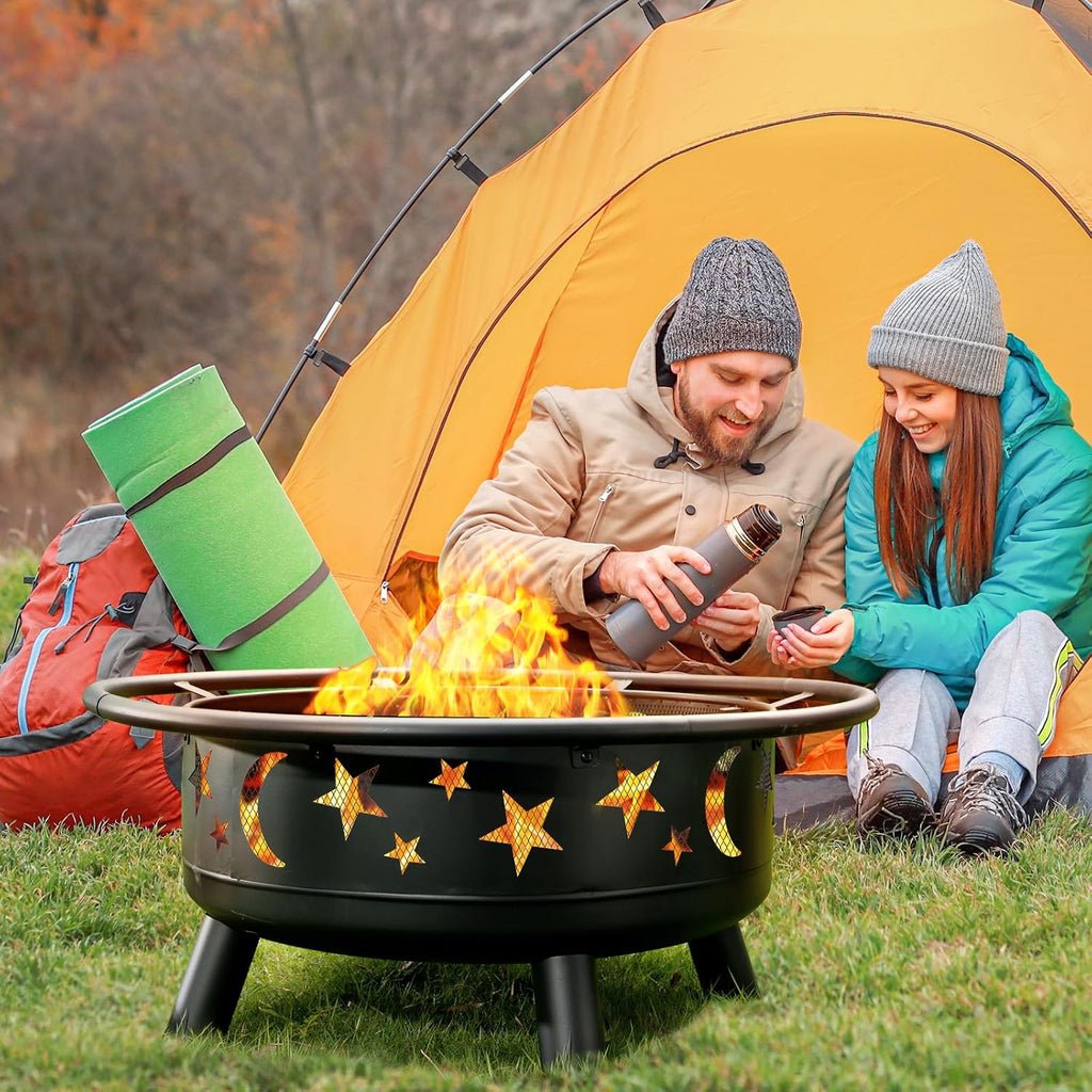 32 inch round fire pit with mesh cover showing dimensions