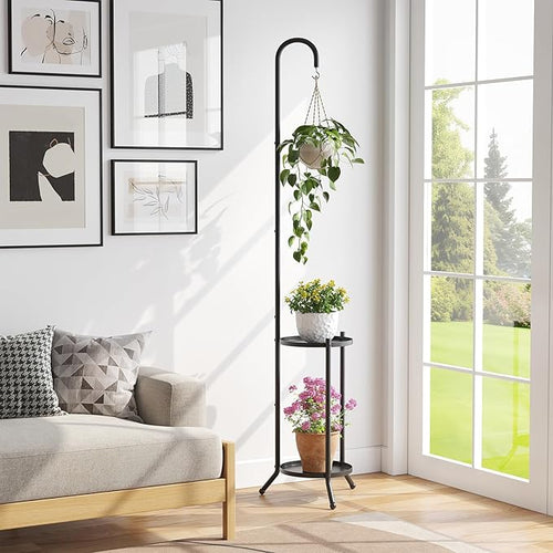 2-Tier Metal Plant Stand with Hanging Hook, Indoor Outdoor Plant Shelf,Heavy Duty Plant holder Rustproof Iron Multiple Plant Round Supports Rack for Planter Corner Garden Balcony Patio (Black)
