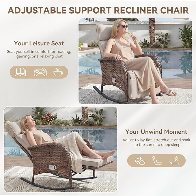 3 Pieces Zero Gravity Wicker Patio Rocking Recliner Chairs Set of 2 - Wicker Outdoor Lounge Chair with Side Table, Adjustable Backrest & Footrest, High Back Outdoor Recliner Chair for Pool Deck Beige