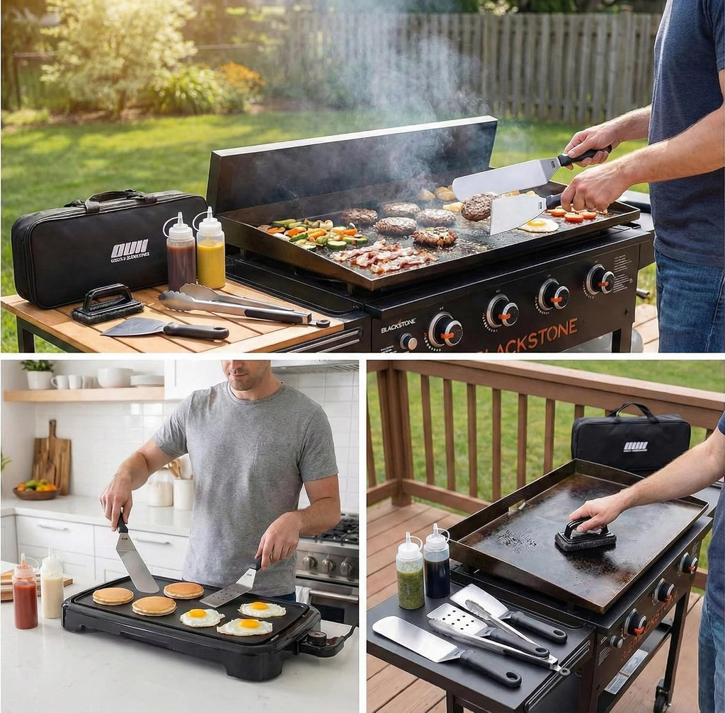 Flat Top Griddle Accessories for Blackstone and Camp Chef Griddle - 9 Pieces Set with Griddle Cleaning Kit and Carry Bag! Metal Spatula, Scraper for Hibachi and Teppanyaki Grill