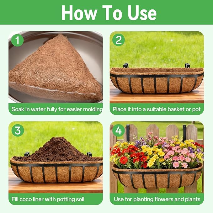 ZeeDix 30 Inch Trough Coconut Liners for Planters - 100% Natural Coconut Coir Fiber Planter Liners Replacement for Window Boxes, Wall Baskets, Deck Flower Boxes, Garden Railing Fence Troughs (4Pack)