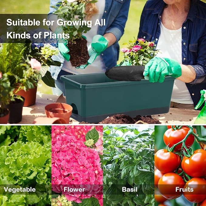 Window Box Planter 8 Pcs, 17 Inches Rectangle Flower Pots with Drainage Holes & Trays, Vegetable Planters for Windowsill Patio Garden Balcony Home Indoor Outdoor (Dark Green, 16 * 7 * 6 inch)