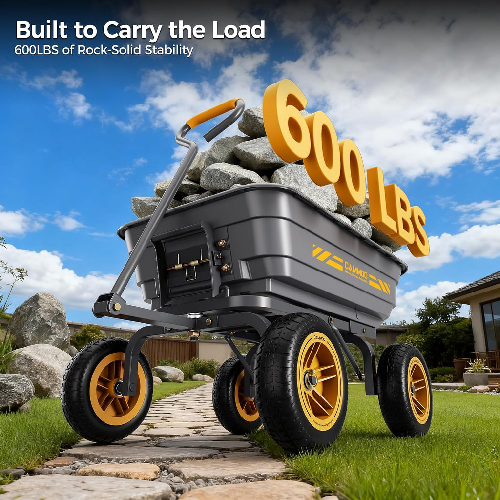 cammoo 10-in no-flat tires 600lb garden dump cart showing dimensions