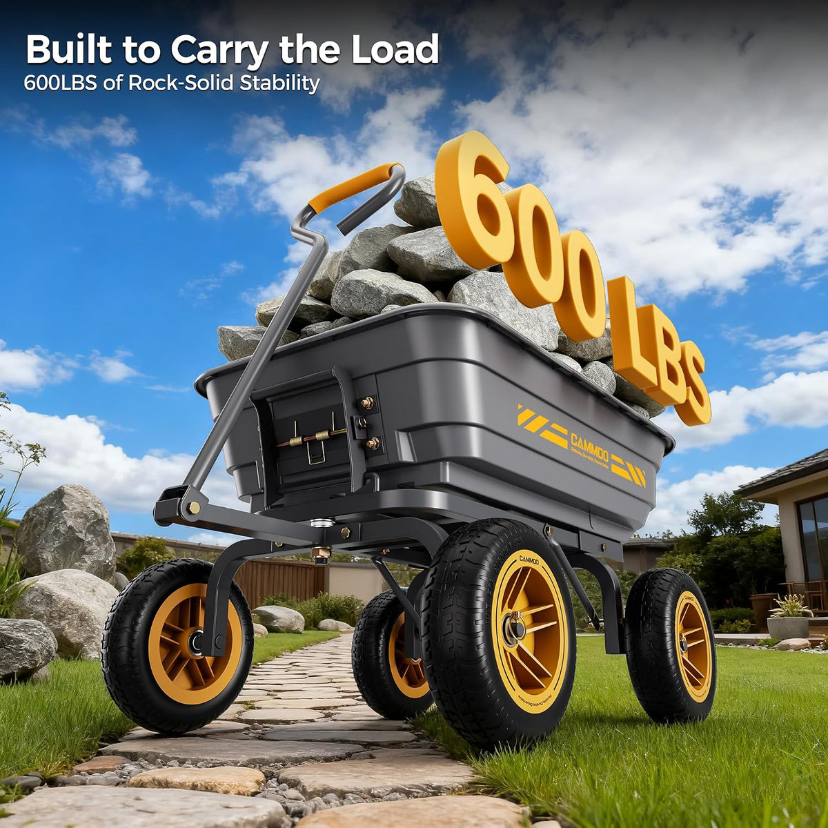 cammoo 10-in no-flat tires 600lb garden dump cart showing dimensions