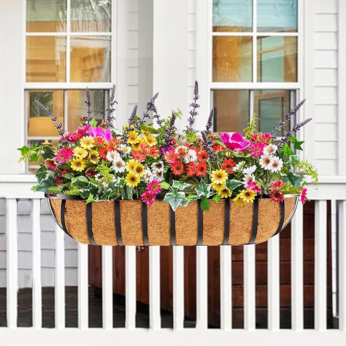 2pcs 30' Planter, Metal Window Box with Coco Liner, Wall Planter for Outdoor Indoor Balcony, Rustic Horse Trough Style