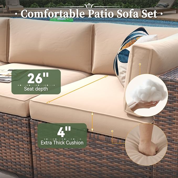 Aoxun 7 Piece Patio Furniture Set with Wide Armrests & 44” Fire Pit Table Wicker Rattan Outdoor Sectional Sofa Set with Coffee Table and Thickened Cushions, Brown/Beige(Waterproof Cover Included)