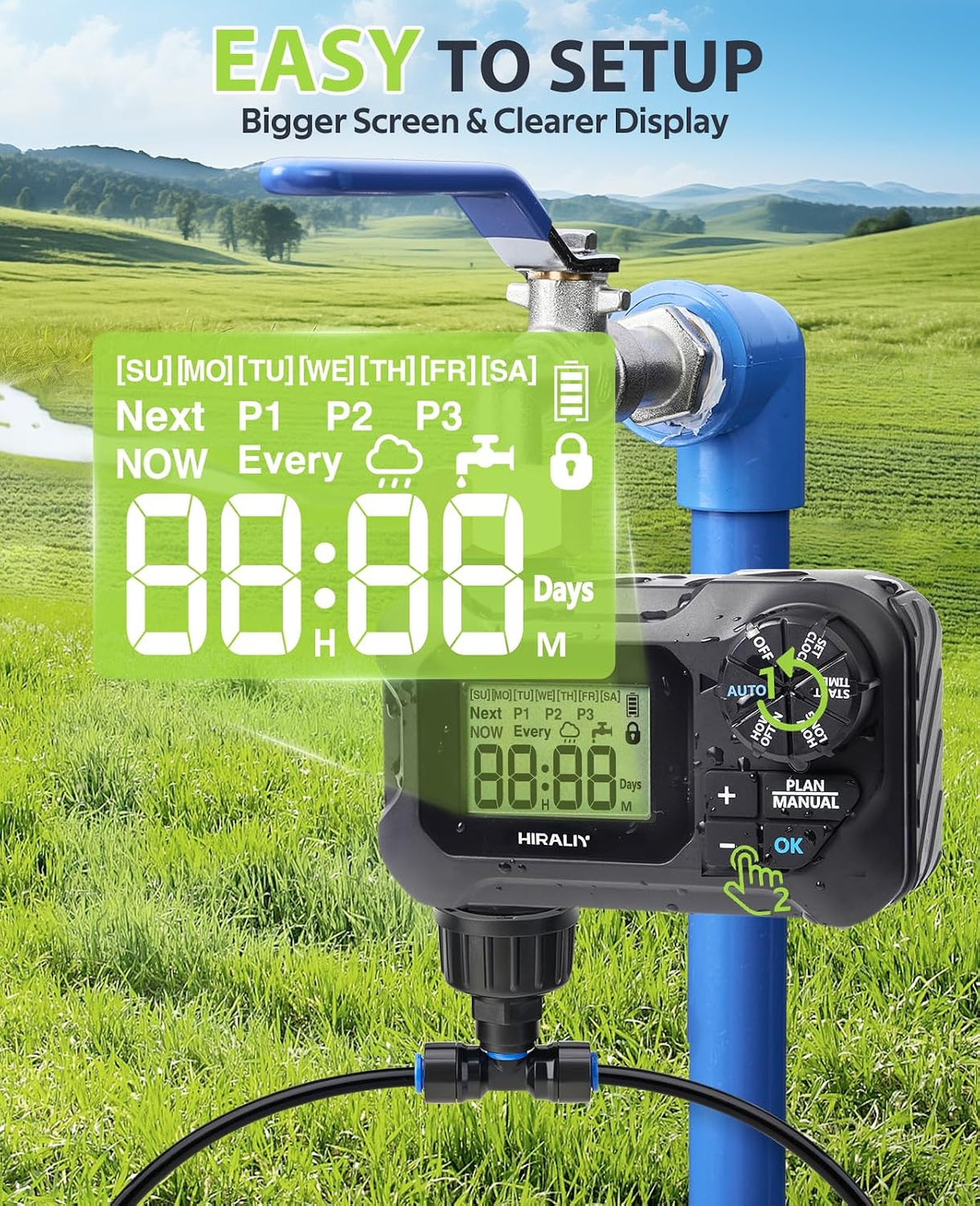 hiraliy 118ft drip irrigation kit with water timer shown in use