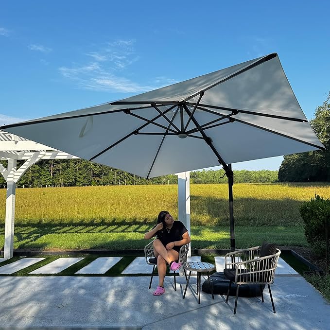 PURPLE LEAF 10 Feet Patio Umbrella Outdoor Cantilever Solar Powered LED Swivel Square Umbrella Aluminum Offset Umbrella with 360-degree Rotation for Garden Deck Pool Patio White