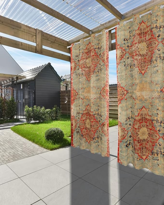 Boho Outdoor Curtains for Patio Waterproof, Grommet Privacy Curtain Drapes Weatherproof Outside Curtains for Porch GazeboPergola Cabana 2 Panel 54x84inch Rustic Bohemian Floral Tribal Orange