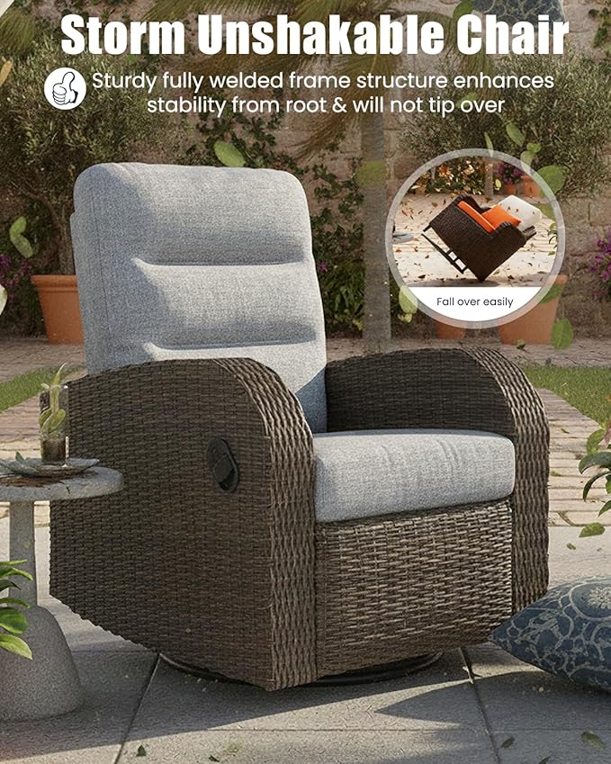 Outdoor Swivel Recliner Chair, All-Weather Wicker Reclining Patio Chair with Adjustable Backrest and Footrest