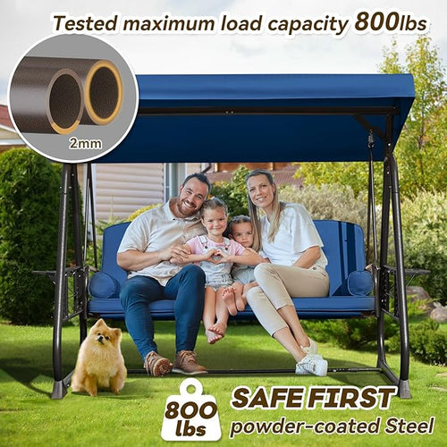3 in 1 Outdoor Porch Swing with Adjustable Canopy, 3 Seat Outdoor Swing for Adults, Patio Swing Chair with Thickened Cushions,Pillows & Cup Holders for Backyard, Porch, Garden (Blue)