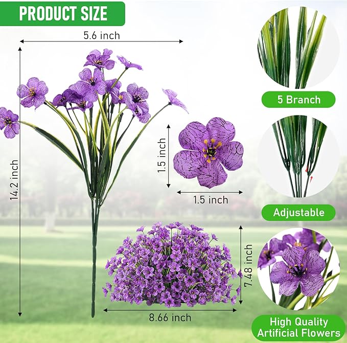60 Pack Artificial Flowers for Outdoor Indoor Fake Plants, Faux Silk Flowers for Outdoors Outside Front Porch Hanging Planter Window Box Garden Spring Decoration(Purple)
