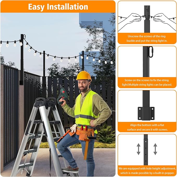 AILBTON 8 Pack 2.8Ft String Light Poles,Light Poles for Outside String Lights,Outdoor Light Poles with Fence Bracket,Metal Pole Stand for Patio,Backyard,Deck